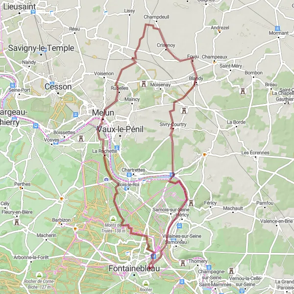 Map miniature of "Around Fontainebleau Forest" cycling inspiration in Ile-de-France, France. Generated by Tarmacs.app cycling route planner