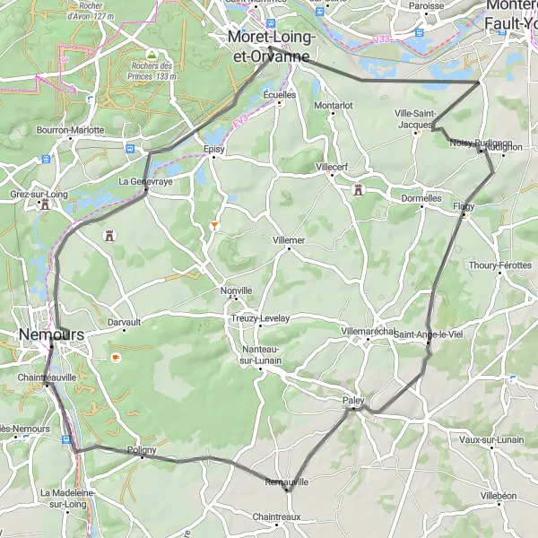 Map miniature of "The Magnificent Moret-Loing-et-Orvanne Circuit" cycling inspiration in Ile-de-France, France. Generated by Tarmacs.app cycling route planner