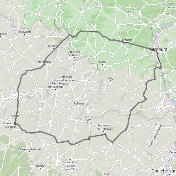 Miniature de la carte de l'inspiration cycliste "Le Circuit des Châteaux Gâtinais" dans la Ile-de-France, France. Générée par le planificateur d'itinéraire cycliste Tarmacs.app