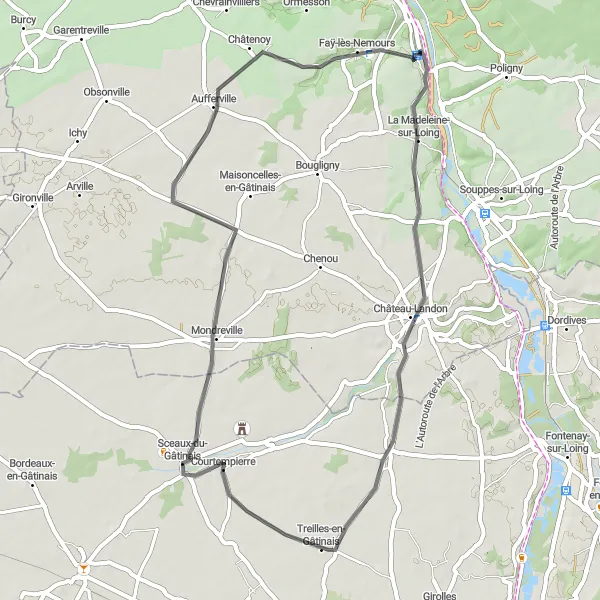 Map miniature of "Loing river road" cycling inspiration in Ile-de-France, France. Generated by Tarmacs.app cycling route planner