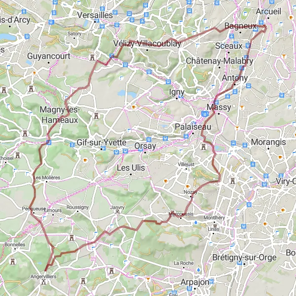 Map miniature of "Gravel Adventure through Cascades and Toussus-le-Noble" cycling inspiration in Ile-de-France, France. Generated by Tarmacs.app cycling route planner