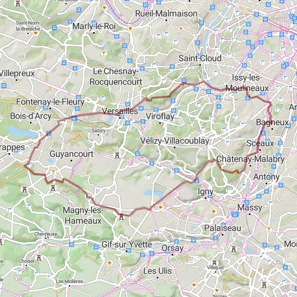 Miniature de la carte de l'inspiration cycliste "Les étangs de Saclay en gravel" dans la Ile-de-France, France. Générée par le planificateur d'itinéraire cycliste Tarmacs.app