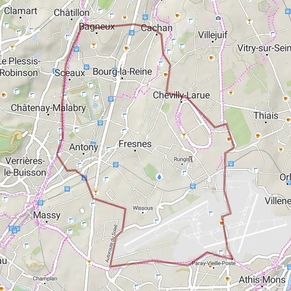 Miniature de la carte de l'inspiration cycliste "Exploration autour de Cachan" dans la Ile-de-France, France. Générée par le planificateur d'itinéraire cycliste Tarmacs.app