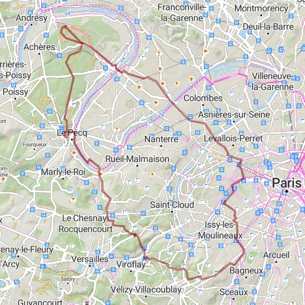 Miniature de la carte de l'inspiration cycliste "Gravel autour de Paris" dans la Ile-de-France, France. Générée par le planificateur d'itinéraire cycliste Tarmacs.app