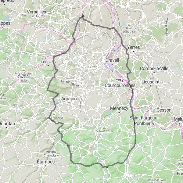 Miniature de la carte de l'inspiration cycliste "Circuit de la Vallée de l'Essonne" dans la Ile-de-France, France. Générée par le planificateur d'itinéraire cycliste Tarmacs.app