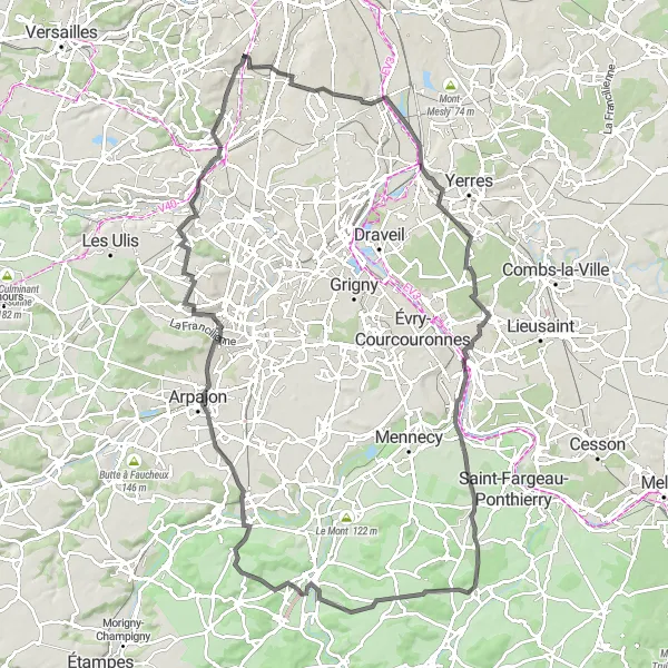 Miniature de la carte de l'inspiration cycliste "Randonnée sportive jusqu'à Montlhéry" dans la Ile-de-France, France. Générée par le planificateur d'itinéraire cycliste Tarmacs.app