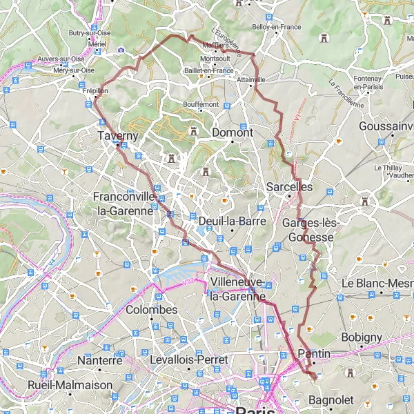 Map miniature of "Bagnolet to Garges-lès-Gonesse Loop" cycling inspiration in Ile-de-France, France. Generated by Tarmacs.app cycling route planner