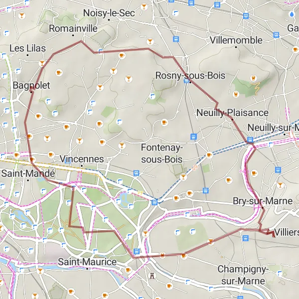 Map miniature of "Bagnolet to Saint-Mandé Loop" cycling inspiration in Ile-de-France, France. Generated by Tarmacs.app cycling route planner