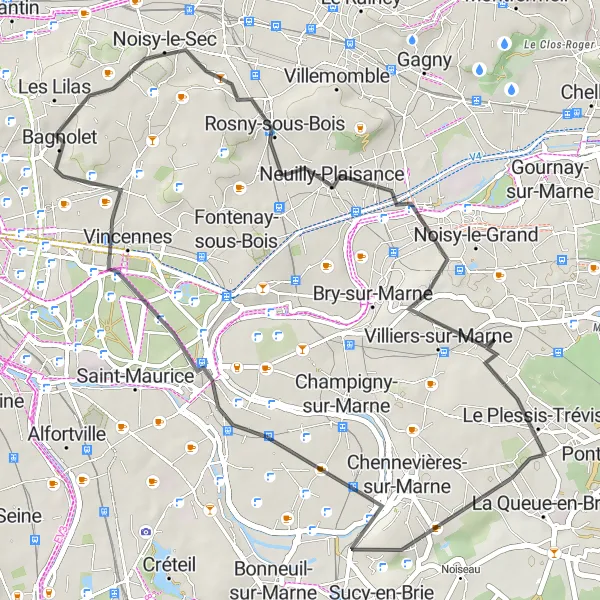 Map miniature of "Bagnolet to Montreuil Loop" cycling inspiration in Ile-de-France, France. Generated by Tarmacs.app cycling route planner