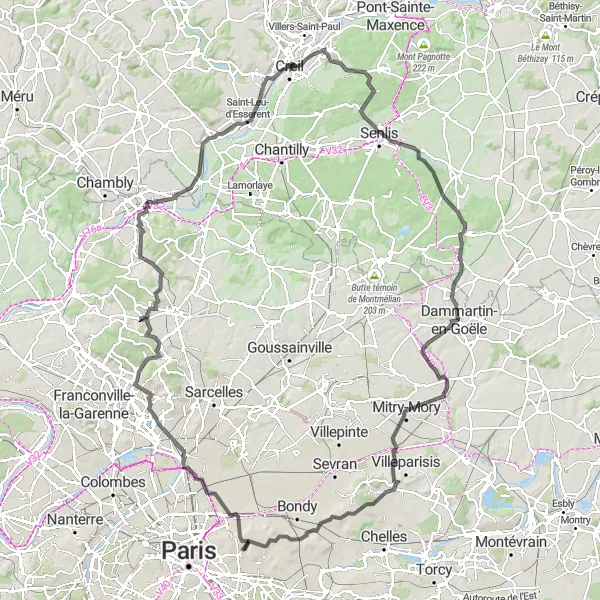 Map miniature of "Historical Road Tour" cycling inspiration in Ile-de-France, France. Generated by Tarmacs.app cycling route planner