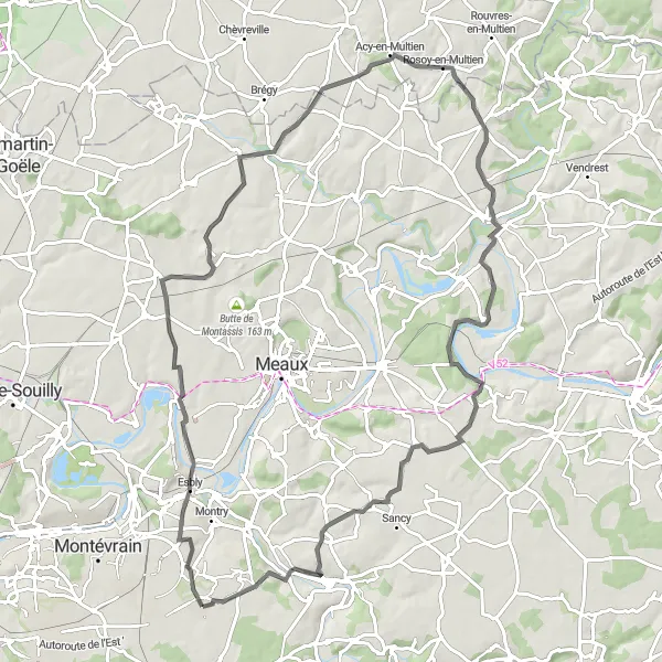 Miniature de la carte de l'inspiration cycliste "Circuit de 87 km au départ de Bailly-Romainvilliers" dans la Ile-de-France, France. Générée par le planificateur d'itinéraire cycliste Tarmacs.app