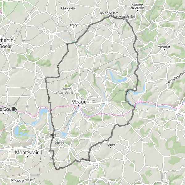 Map miniature of "Bailly-Romainvilliers-Esbly-Monthyon-Douy-la-Ramée-Lizy-sur-Ourcq-Changis-sur-Marne-Coutevroult" cycling inspiration in Ile-de-France, France. Generated by Tarmacs.app cycling route planner