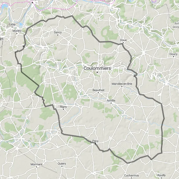 Miniature de la carte de l'inspiration cycliste "Echappée de 123 km à vélo route au départ de Bailly-Romainvilliers" dans la Ile-de-France, France. Générée par le planificateur d'itinéraire cycliste Tarmacs.app