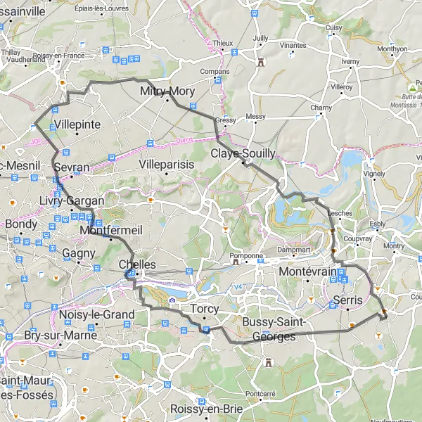 Miniature de la carte de l'inspiration cycliste "Circuit du Beauzet et de la Pyramide" dans la Ile-de-France, France. Générée par le planificateur d'itinéraire cycliste Tarmacs.app