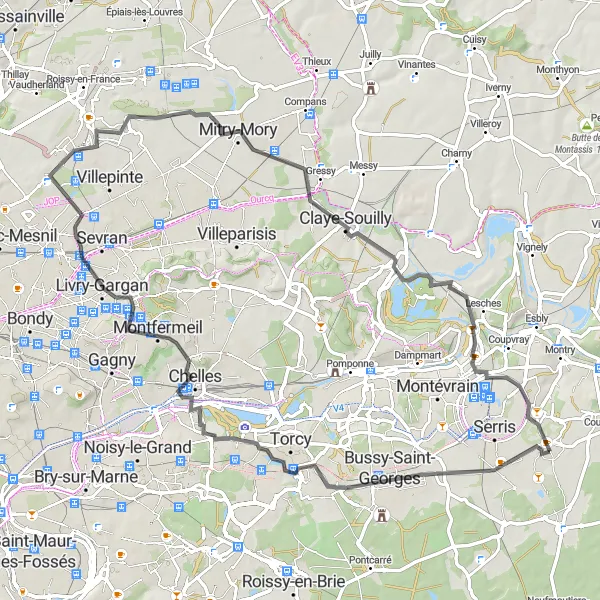 Map miniature of "Bussy-Saint-Georges Road Adventure" cycling inspiration in Ile-de-France, France. Generated by Tarmacs.app cycling route planner