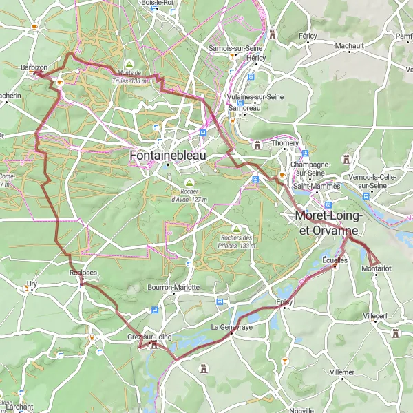 Map miniature of "The Forests and Gorges of Barbizon" cycling inspiration in Ile-de-France, France. Generated by Tarmacs.app cycling route planner