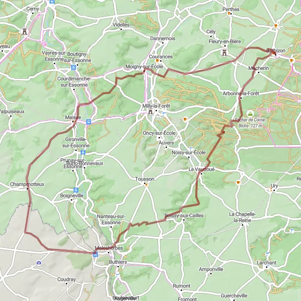 Miniature de la carte de l'inspiration cycliste "Les Collines de Barbizon" dans la Ile-de-France, France. Générée par le planificateur d'itinéraire cycliste Tarmacs.app