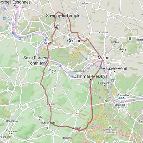 Miniature de la carte de l'inspiration cycliste "La boucle de Perthes et Seine-Port" dans la Ile-de-France, France. Générée par le planificateur d'itinéraire cycliste Tarmacs.app