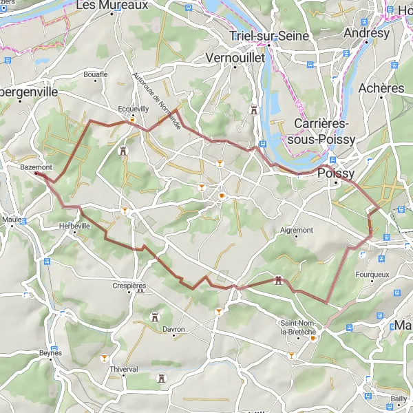 Miniature de la carte de l'inspiration cycliste "Tour en VTT autour de Bazemont by gravel bike" dans la Ile-de-France, France. Générée par le planificateur d'itinéraire cycliste Tarmacs.app