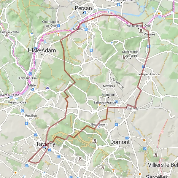 Miniature de la carte de l'inspiration cycliste "Les Collines de la Forêt" dans la Ile-de-France, France. Générée par le planificateur d'itinéraire cycliste Tarmacs.app