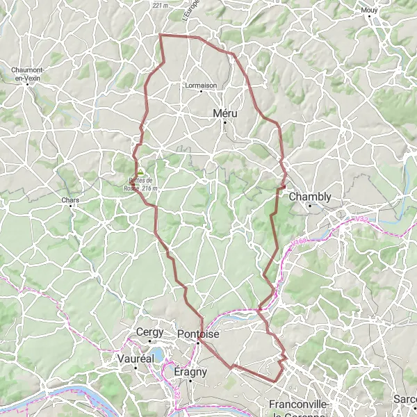 Miniature de la carte de l'inspiration cycliste "Parcours gravel à travers les collines" dans la Ile-de-France, France. Générée par le planificateur d'itinéraire cycliste Tarmacs.app