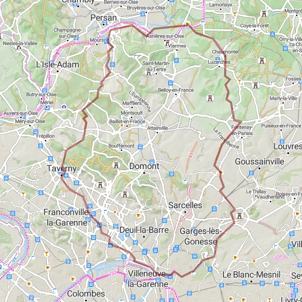 Miniature de la carte de l'inspiration cycliste "Parcours Gravel à Taverny" dans la Ile-de-France, France. Générée par le planificateur d'itinéraire cycliste Tarmacs.app