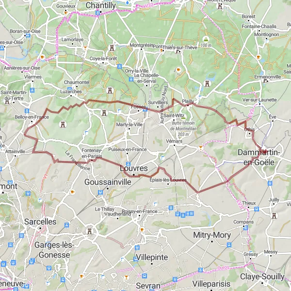 Miniature de la carte de l'inspiration cycliste "Circuit de Gravel autour de Belloy-en-France" dans la Ile-de-France, France. Générée par le planificateur d'itinéraire cycliste Tarmacs.app