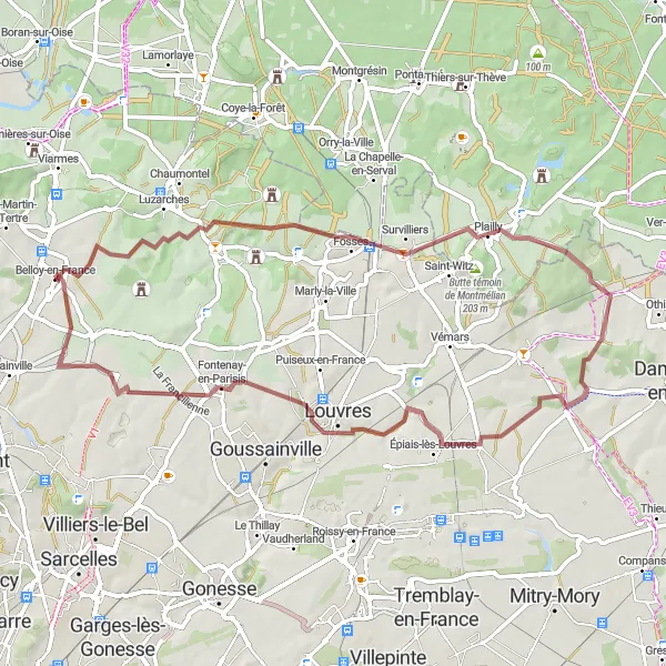 Miniature de la carte de l'inspiration cycliste "Circuit de Belloy en Gravel" dans la Ile-de-France, France. Générée par le planificateur d'itinéraire cycliste Tarmacs.app