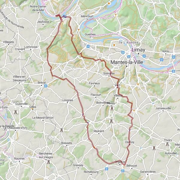 Map miniature of "Charming Gravel Ride in Bennecourt" cycling inspiration in Ile-de-France, France. Generated by Tarmacs.app cycling route planner