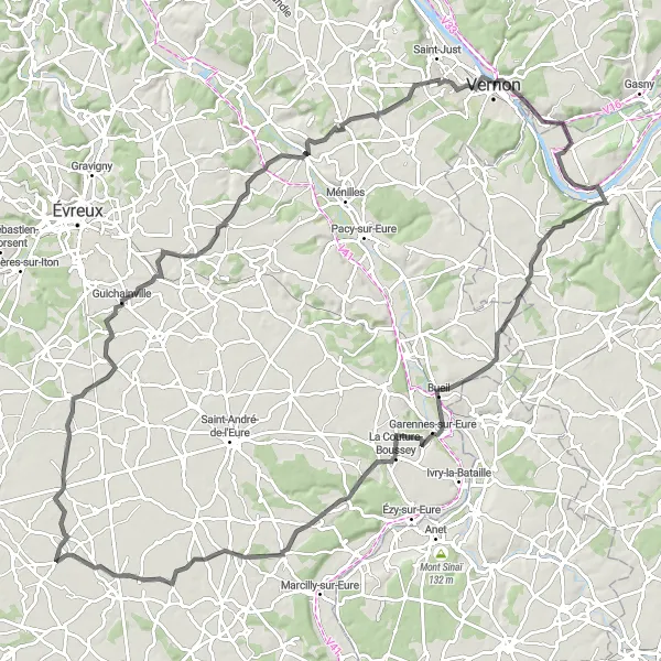 Map miniature of "Les Andelys and Guichainville Loop" cycling inspiration in Ile-de-France, France. Generated by Tarmacs.app cycling route planner