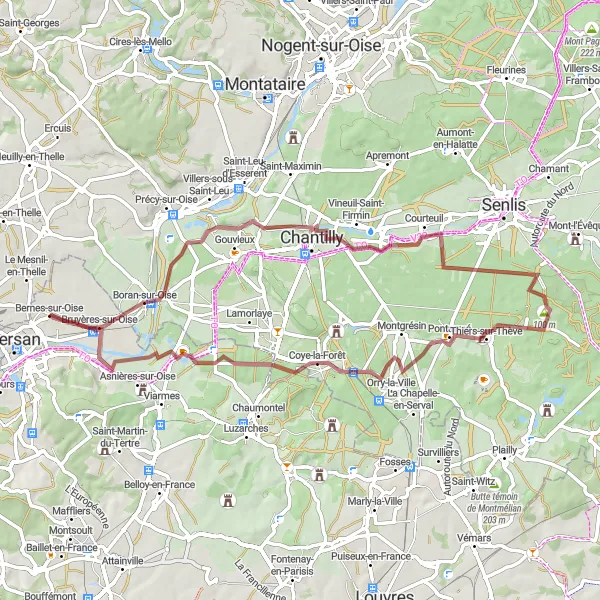 Miniature de la carte de l'inspiration cycliste "Les collines de l'Oise en Gravel" dans la Ile-de-France, France. Générée par le planificateur d'itinéraire cycliste Tarmacs.app