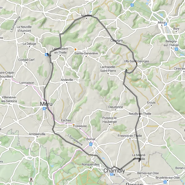 Miniature de la carte de l'inspiration cycliste "Les collines de l'Oise" dans la Ile-de-France, France. Générée par le planificateur d'itinéraire cycliste Tarmacs.app