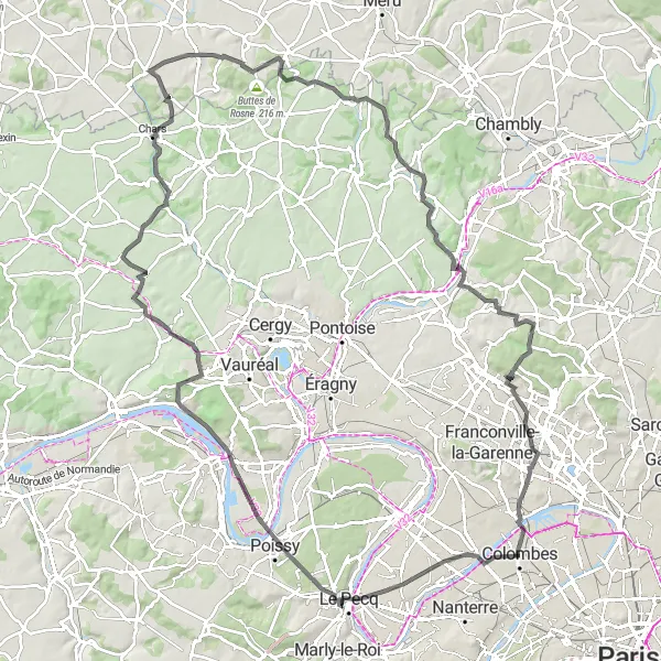 Map miniature of "Picturesque Tour Along the Seine" cycling inspiration in Ile-de-France, France. Generated by Tarmacs.app cycling route planner