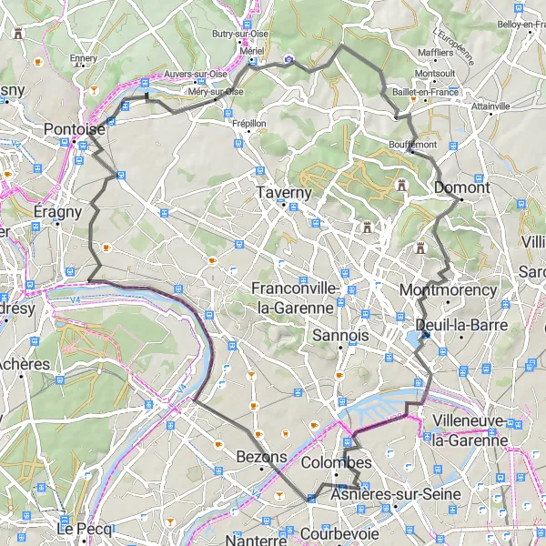 Map miniature of "Bois-Colombes to Pontoise Road Route" cycling inspiration in Ile-de-France, France. Generated by Tarmacs.app cycling route planner