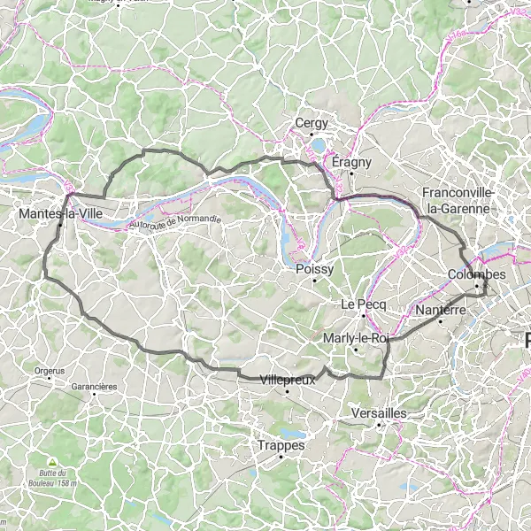 Map miniature of "Epic Adventure Across Western Suburbs" cycling inspiration in Ile-de-France, France. Generated by Tarmacs.app cycling route planner