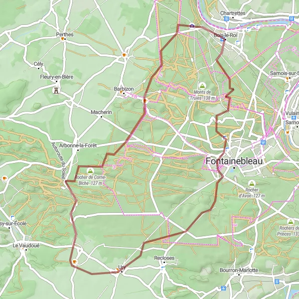 Miniature de la carte de l'inspiration cycliste "Les trésors de Fontainebleau et d'Arbonne-la-Forêt" dans la Ile-de-France, France. Générée par le planificateur d'itinéraire cycliste Tarmacs.app