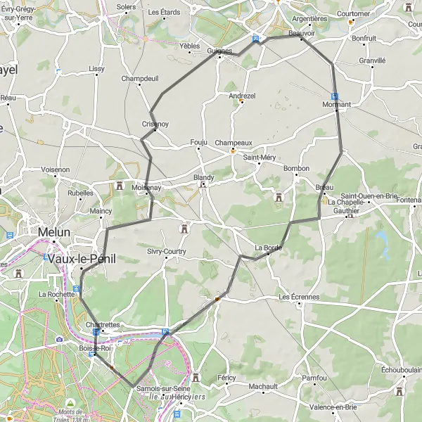 Map miniature of "Vaux-le-Pénil Scenic Ride" cycling inspiration in Ile-de-France, France. Generated by Tarmacs.app cycling route planner