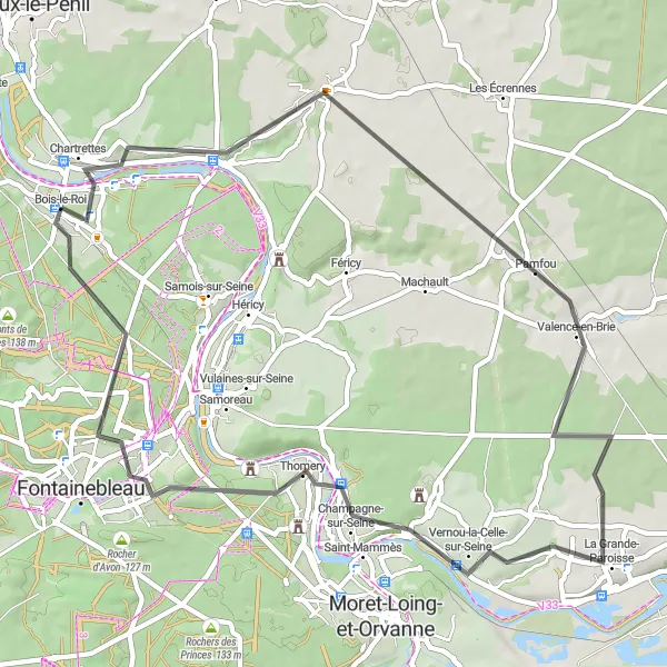 Map miniature of "Le Châtelet-en-Brie Discovery" cycling inspiration in Ile-de-France, France. Generated by Tarmacs.app cycling route planner