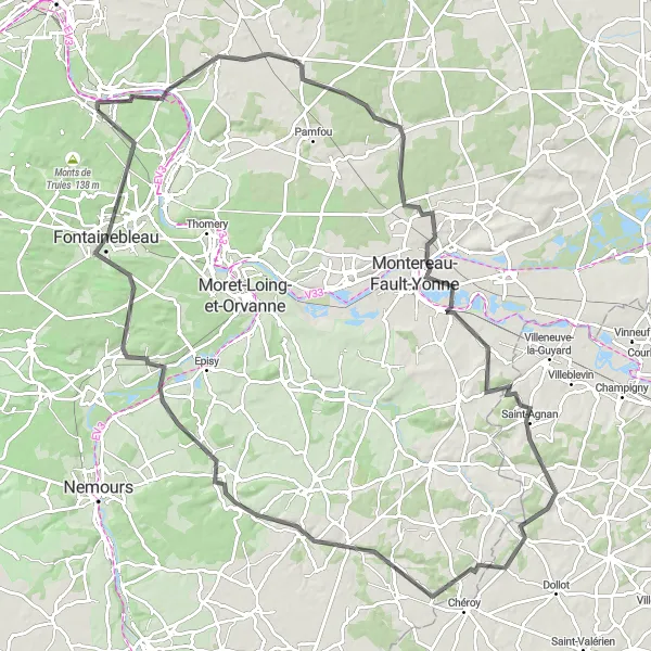 Miniature de la carte de l'inspiration cycliste "Le circuit de Le Châtelet-en-Brie à Fontainebleau" dans la Ile-de-France, France. Générée par le planificateur d'itinéraire cycliste Tarmacs.app