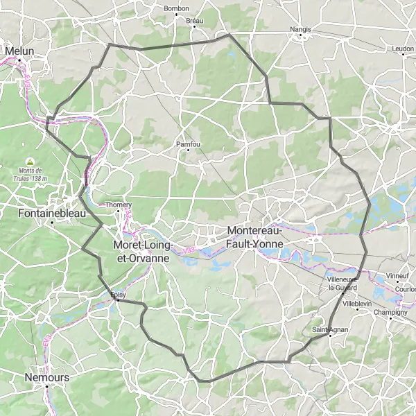 Map miniature of "The Seine River and Medieval Villages" cycling inspiration in Ile-de-France, France. Generated by Tarmacs.app cycling route planner