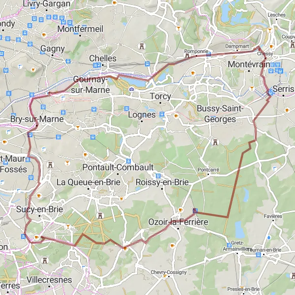 Map miniature of "Gravel Experience through Champigny-sur-Marne" cycling inspiration in Ile-de-France, France. Generated by Tarmacs.app cycling route planner