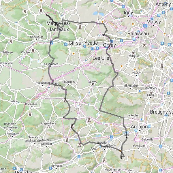 Map miniature of "Essonne Hills" cycling inspiration in Ile-de-France, France. Generated by Tarmacs.app cycling route planner