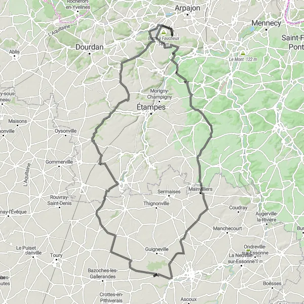 Miniature de la carte de l'inspiration cycliste "Tour des Châteaux d'Essonne" dans la Ile-de-France, France. Générée par le planificateur d'itinéraire cycliste Tarmacs.app