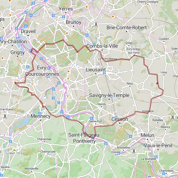 Map miniature of "Gravel Adventure through Bondoufle and Limoges-Fourches" cycling inspiration in Ile-de-France, France. Generated by Tarmacs.app cycling route planner