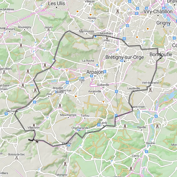 Miniature de la carte de l'inspiration cycliste "À la Découverte de Saint-Maurice-Montcouronne" dans la Ile-de-France, France. Générée par le planificateur d'itinéraire cycliste Tarmacs.app