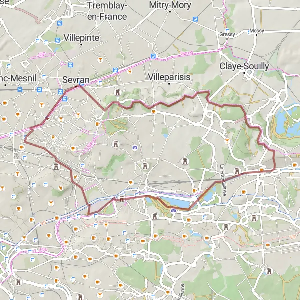 Map miniature of "Sevran and Villemomble Gravel Loop" cycling inspiration in Ile-de-France, France. Generated by Tarmacs.app cycling route planner