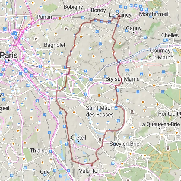 Map miniature of "Champigny-sur-Marne and Montreuil Gravel Loop" cycling inspiration in Ile-de-France, France. Generated by Tarmacs.app cycling route planner