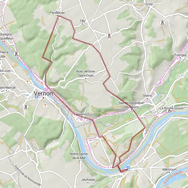 Map miniature of "Exploring the Hidden Gems near Vernon" cycling inspiration in Ile-de-France, France. Generated by Tarmacs.app cycling route planner