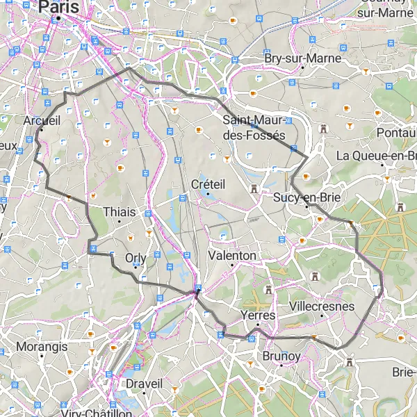 Miniature de la carte de l'inspiration cycliste "Bourg-la-Reine Temple Grec Tour" dans la Ile-de-France, France. Générée par le planificateur d'itinéraire cycliste Tarmacs.app