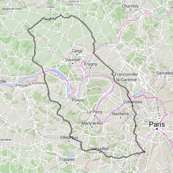 Miniature de la carte de l'inspiration cycliste "Le Tapis Vert et Ballon Generali de Paris Road Tour" dans la Ile-de-France, France. Générée par le planificateur d'itinéraire cycliste Tarmacs.app